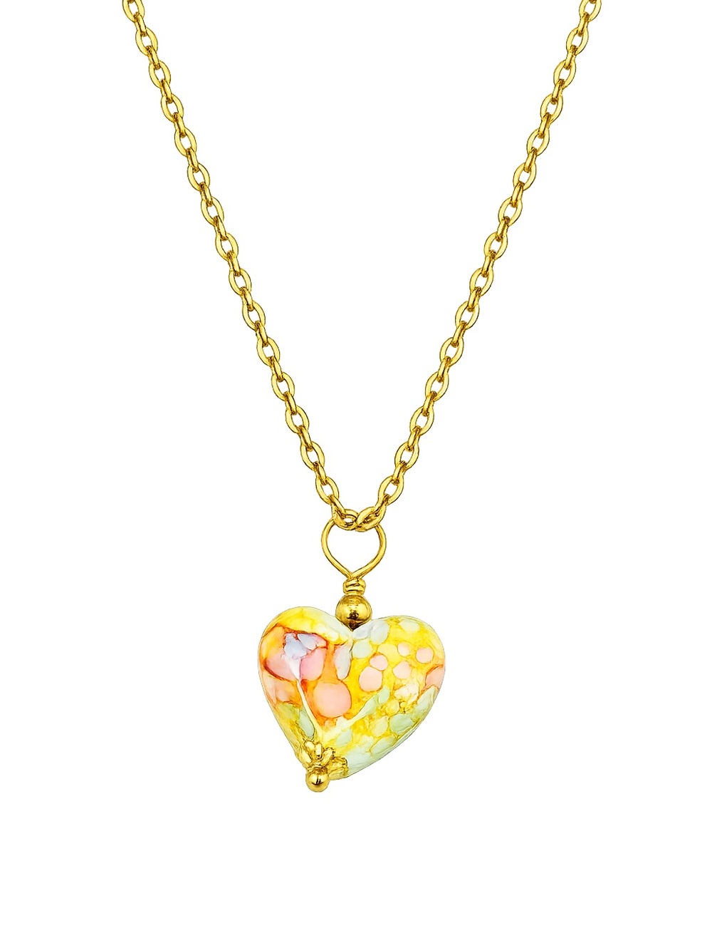 Handmade Yellow & Peach Marbled Heart Necklace | Gold Stainless Steel Chain